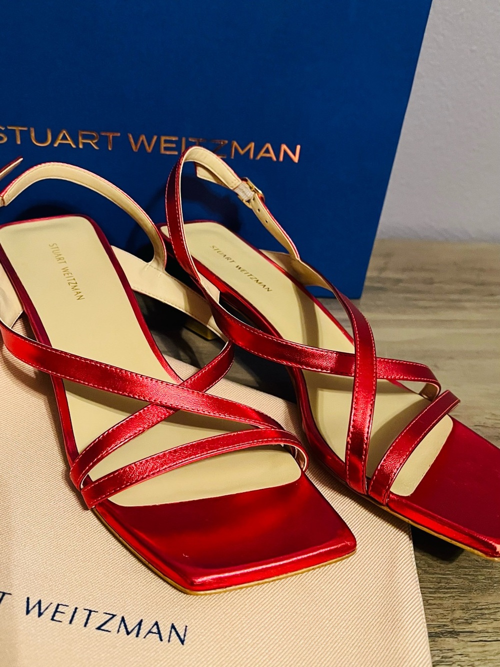 Stuart Weitzman Shiny Pink Strappy Square-Toe Slingback Sandals